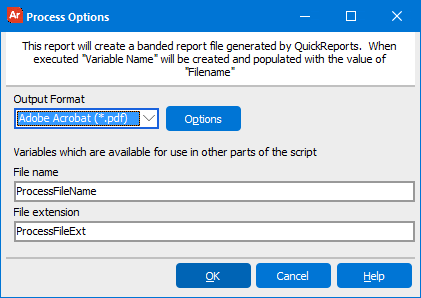 Process Options dialog with a dropdown for the output type and input boxes for the filename and file extension variable names.